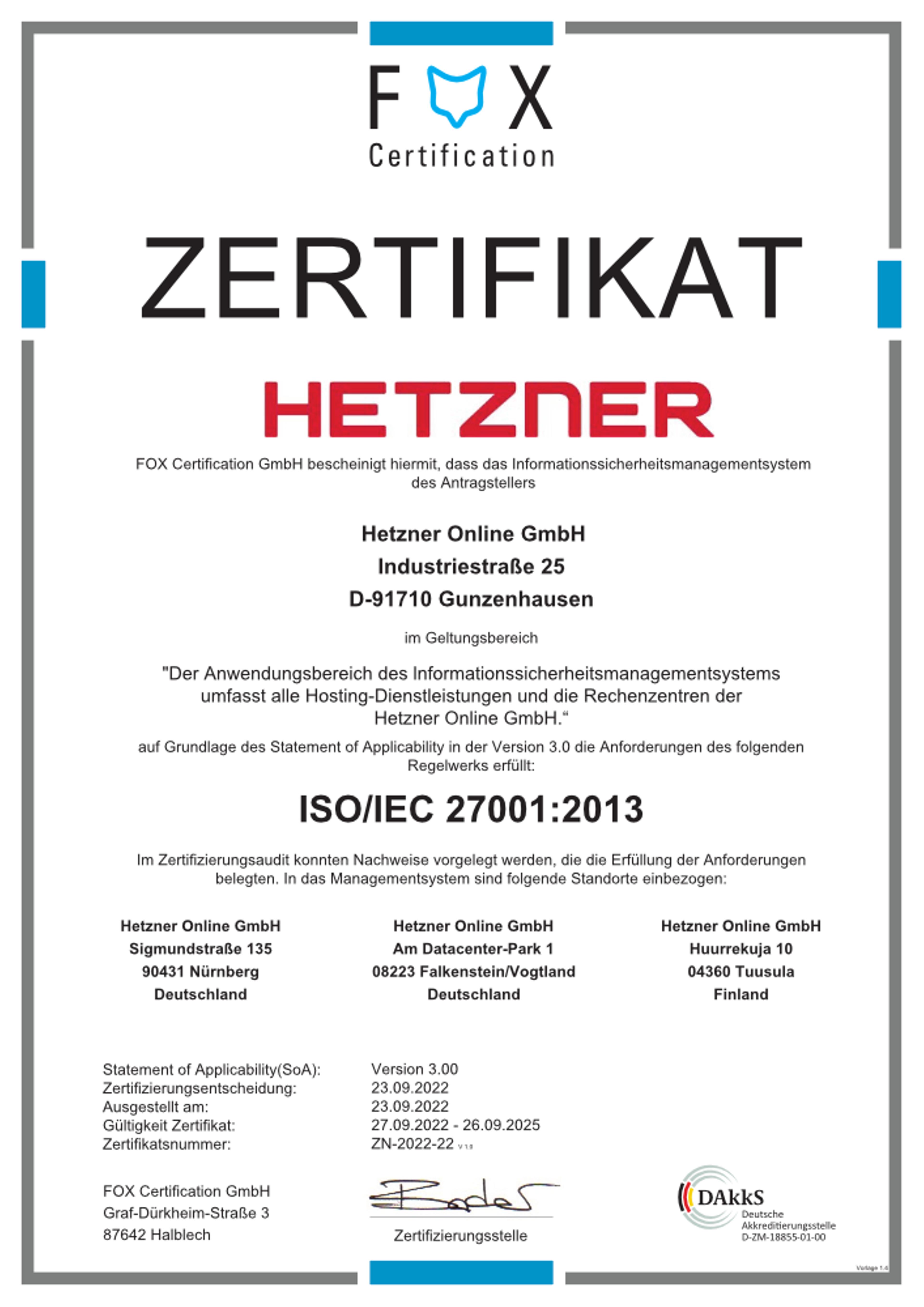 Hetzner ISO17001 Zertifikat